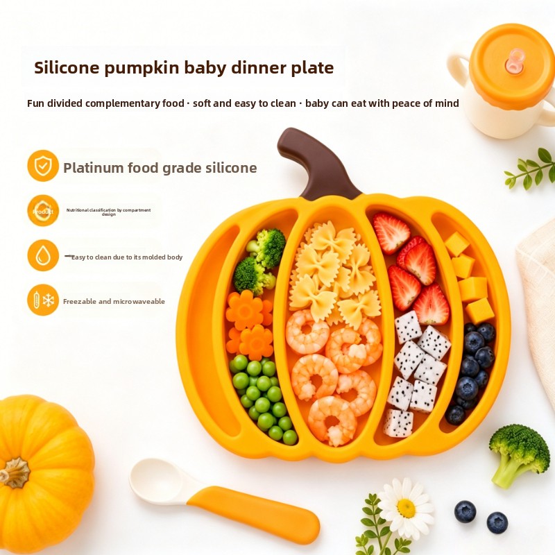 Baby Food Vegetables - Balkabağı Silikon Bebek Bölmeli Tabak, Kırılmaz