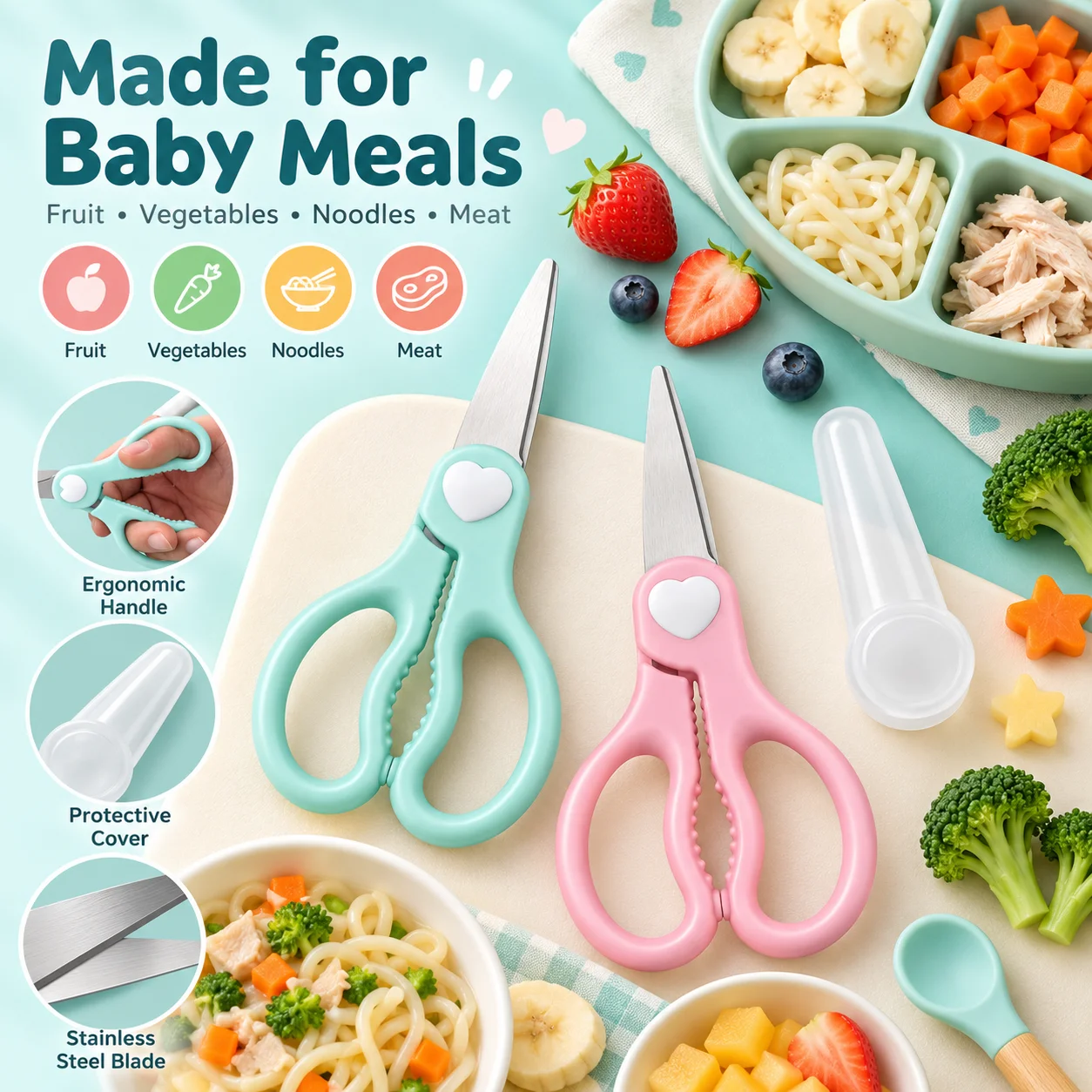 Baby Food Scissors - Taşınabilir Bebek Maması Makası, Paslanmaz Çelik